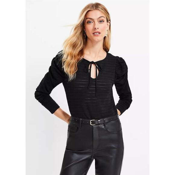 NWT Loft Jacquard Tie Keyhole Ruched Sleeve Top - Picture 1 of 8